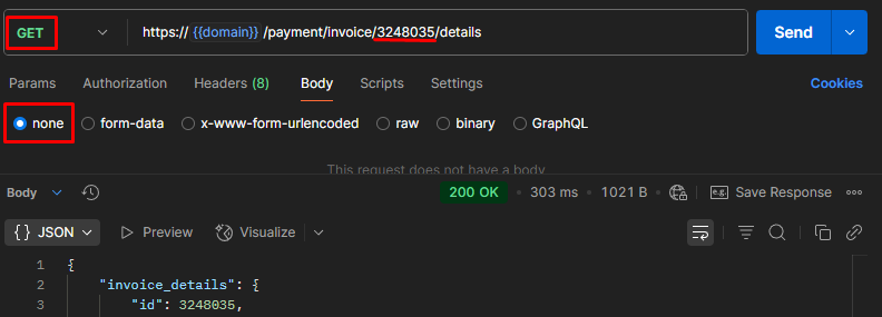 Retrieve invoice via Get request.