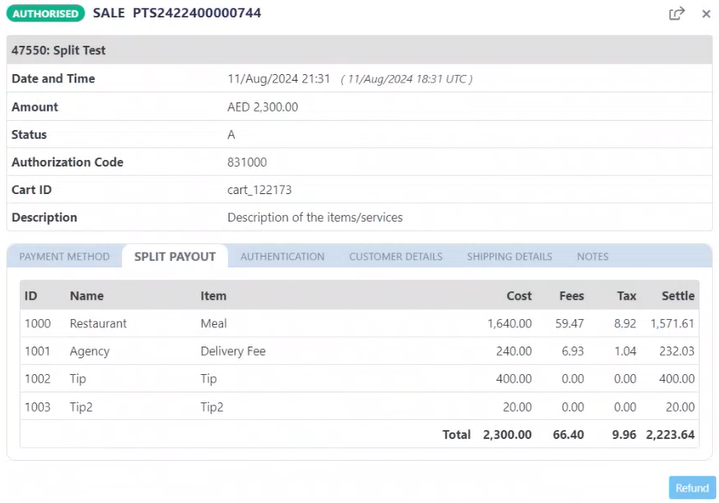 Sample Split Payout in transaction view