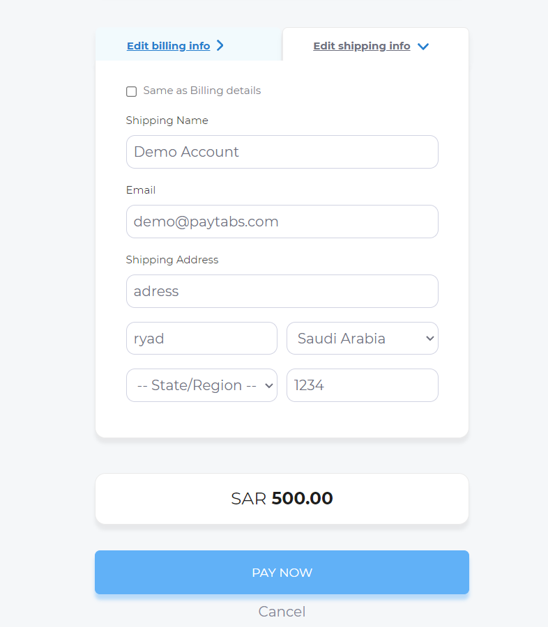 Sample Payment Page with shipping details