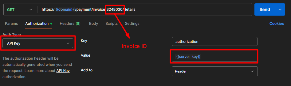 Retrieve invoice via Get request.